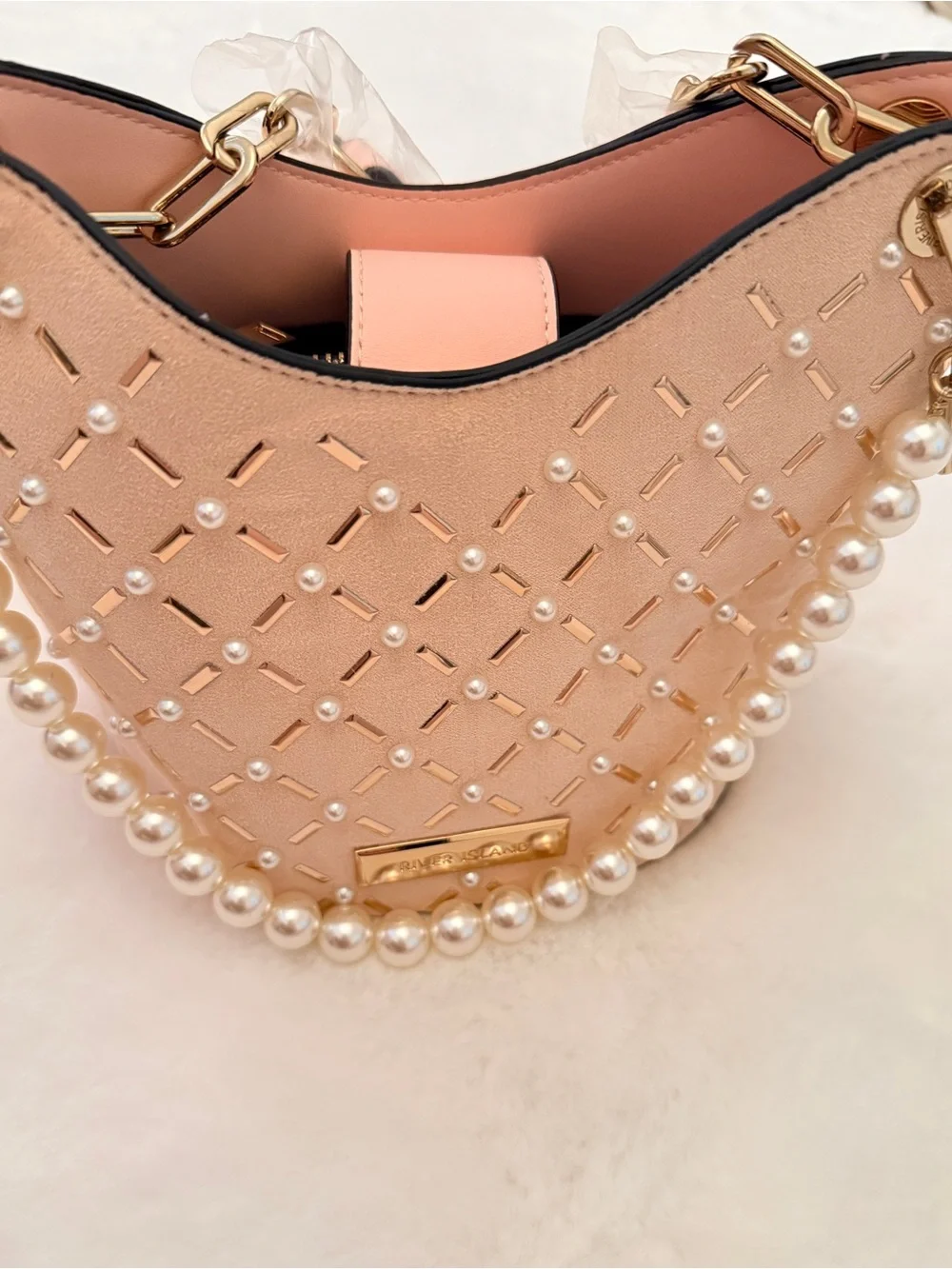 Small River Island Pink Pearl-Trim Crossbody Bucket Bag